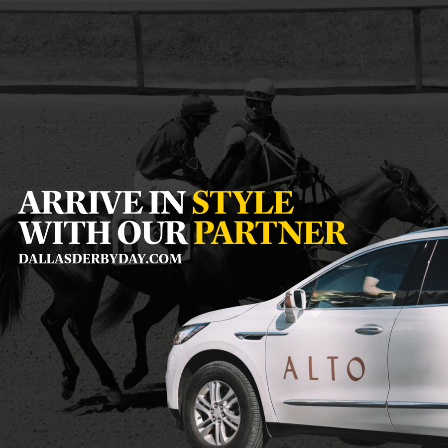 Jockeys on horseback behind a white ALTO car, with the headline “Arrive in style with our partner”