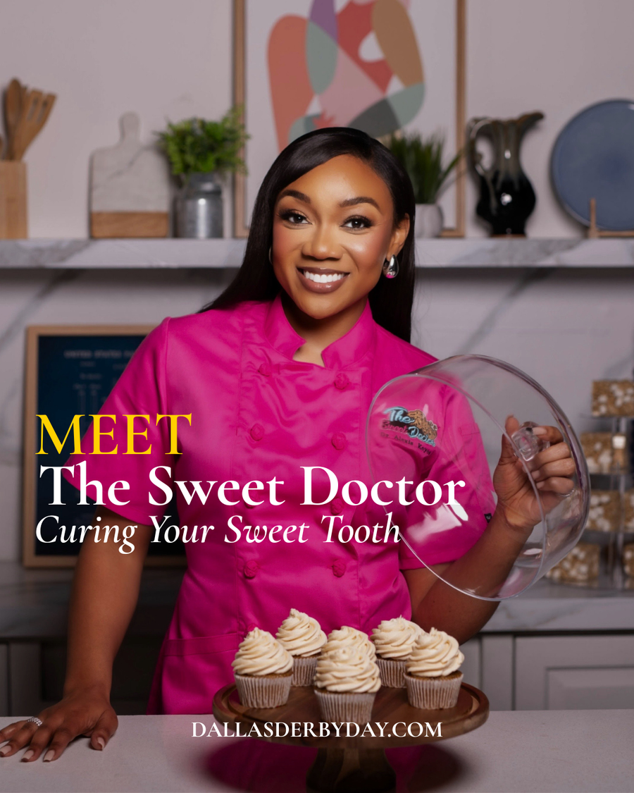 Vendor spotlight: a baker in a pink chef's coat with a tray of cupcakes, captioned “Meet The Sweet Doctor, Curing Your Sweet Tooth”
