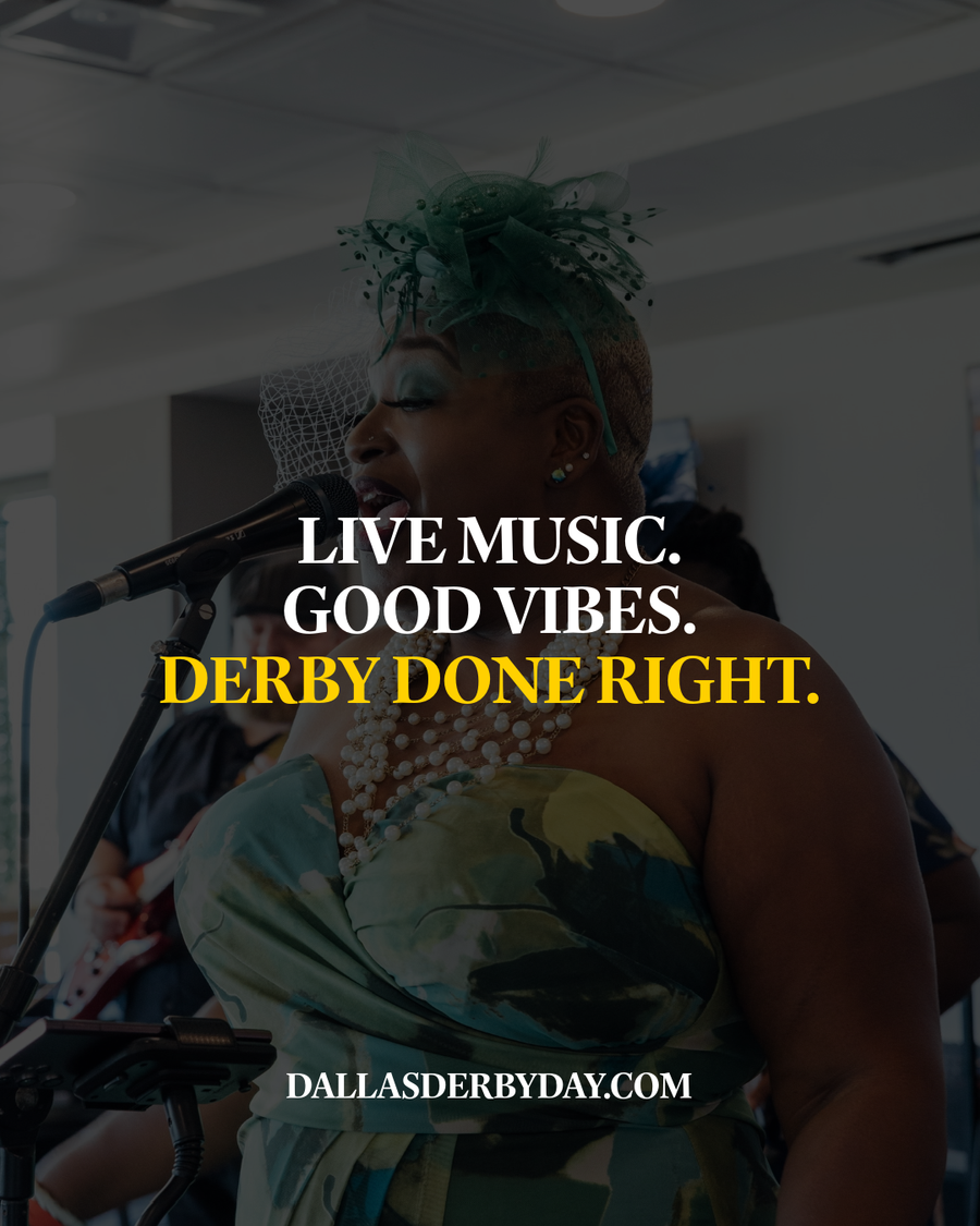 A singer in a green fascinator at the microphone under the words “Live music. Good vibes. Derby done right.”