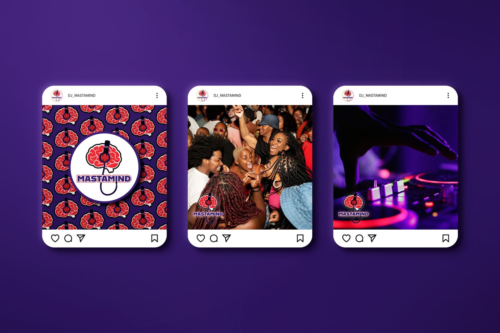 Three Instagram post mockups for DJ_MASTAMIND on a purple background: the logo badge over the brain pattern, a dancing crowd and hands on a DJ controller, each with the logo in the corner