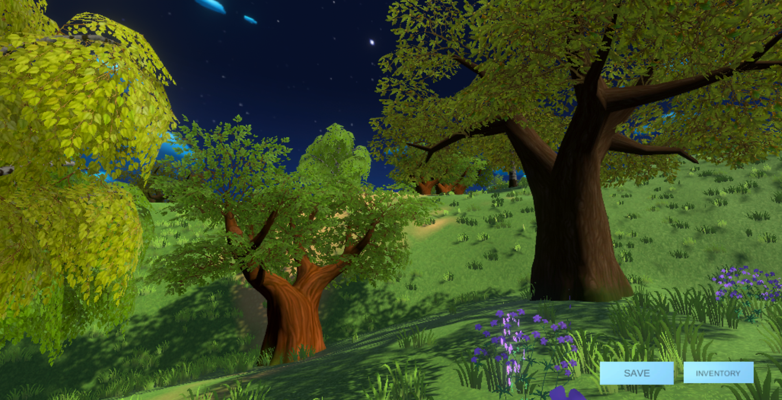 A night-time forest clearing in VR with large trees, purple flowers and Save and Inventory buttons