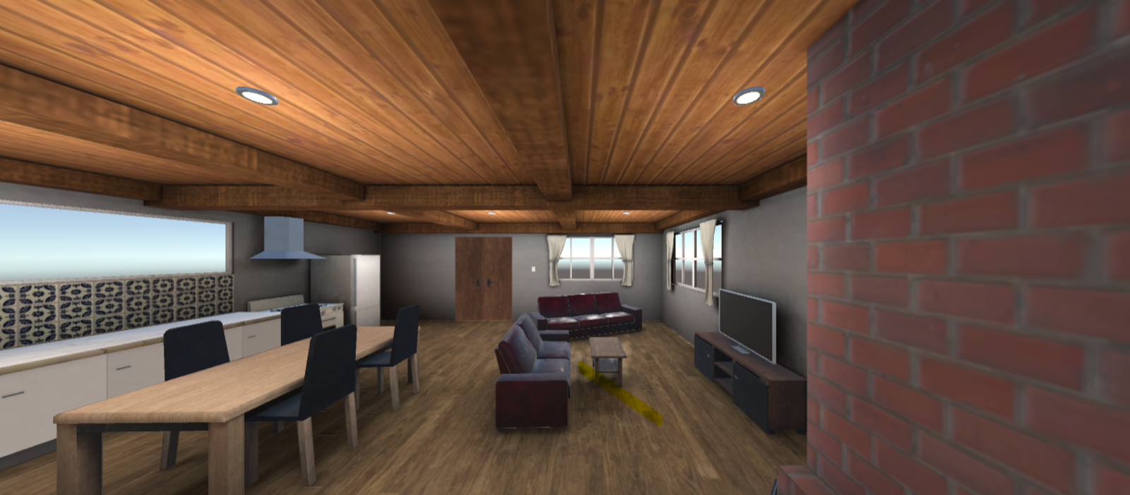 A furnished open-plan house interior in VR with a wood-beamed ceiling, dining table, sofas and a TV
