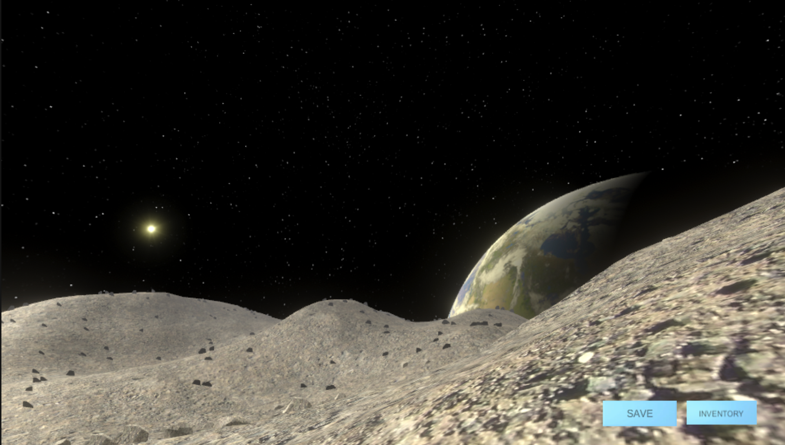 A VR moon surface with Earth rising over the horizon and Save and Inventory buttons