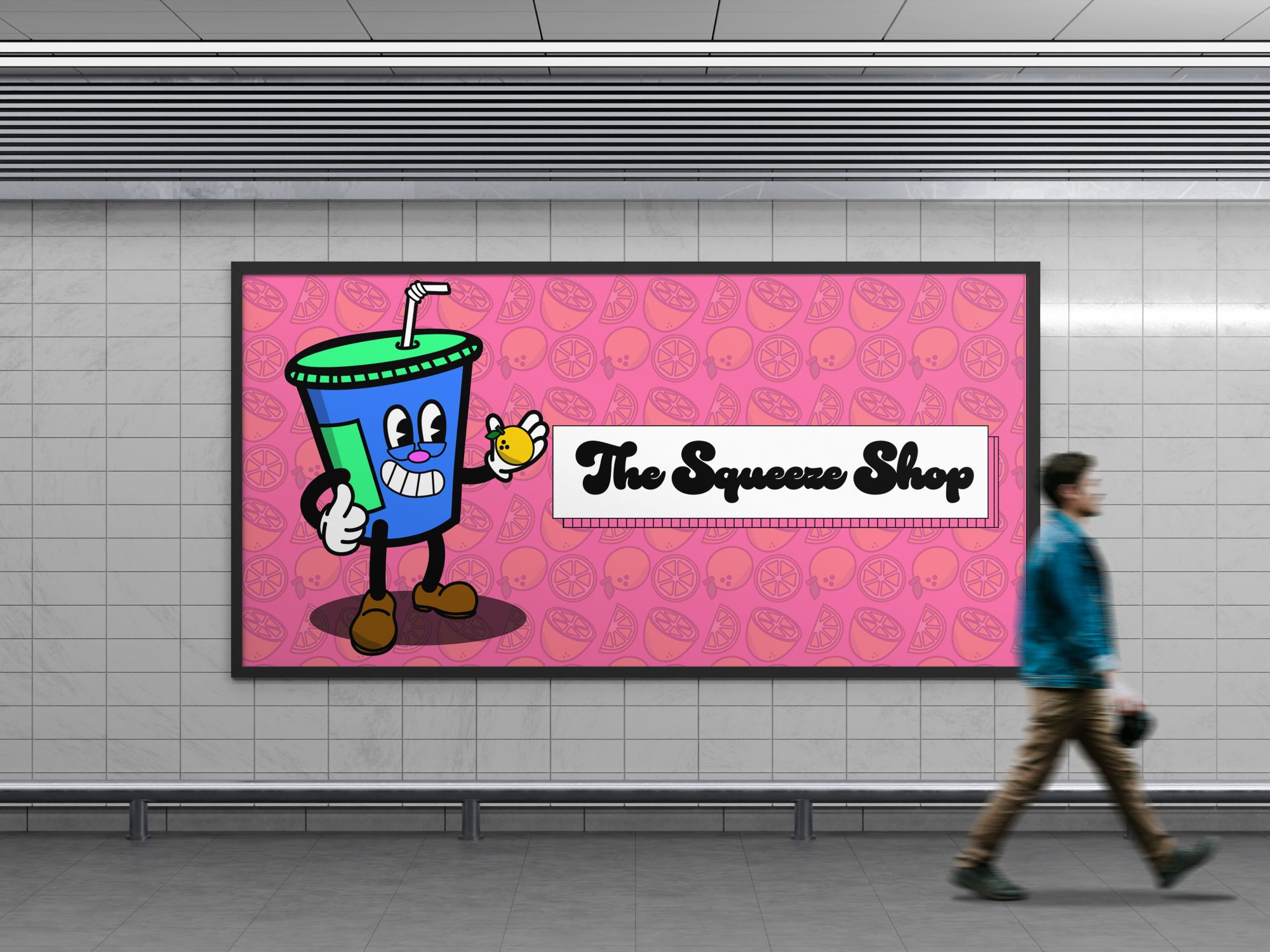 Subway billboard of The Squeeze Shop: the blue cup mascot giving a thumbs-up beside the logo on a pink lemon pattern, with a man walking past