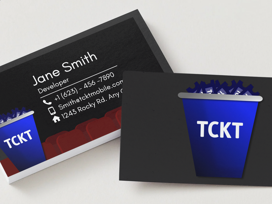 TCKT business cards: a dark card with sample contact details over red seats, and a back with the blue bucket logo