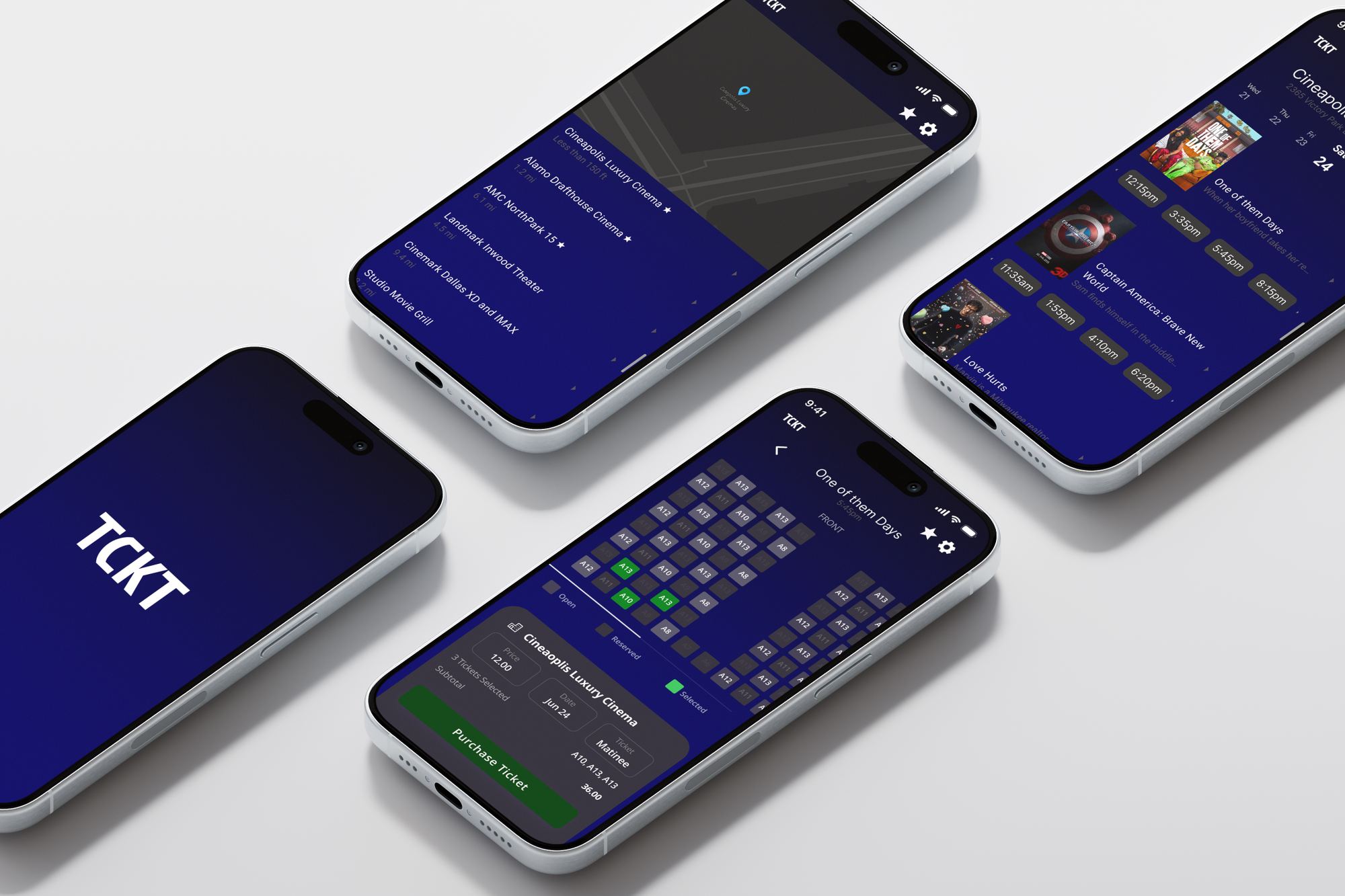 Four iPhones showing TCKT screens: the splash screen, a list of nearby Dallas theaters, showtimes and the seat map with checkout